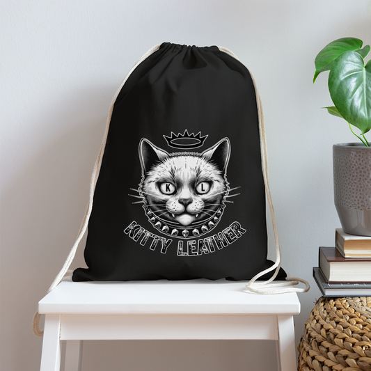 Kitty Leather Cotton Drawstring Bag - Crown Kitty - black