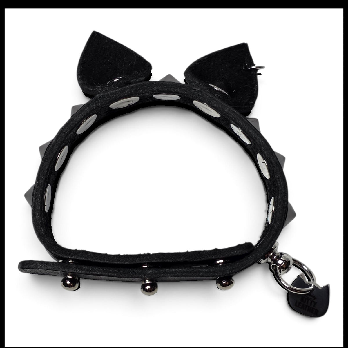 Handmade leather cat ear bracelet with steel cone studs, photo 6