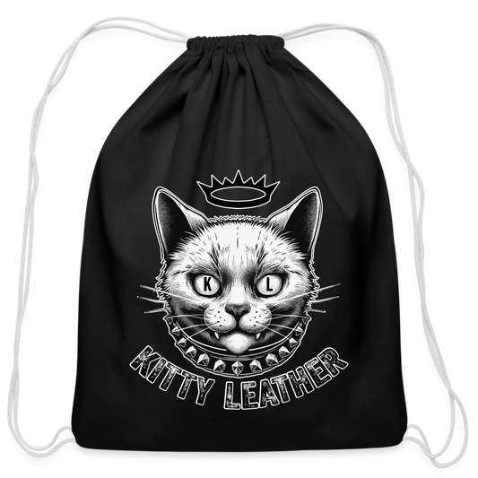 Kitty Leather Cotton Drawstring Bag - Crown Kitty - black