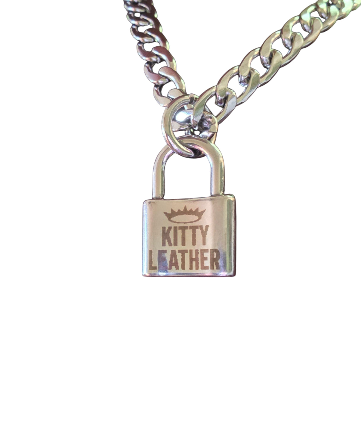 Stainless steel lock choker necklace with Kitty Leather pendant, photo 1