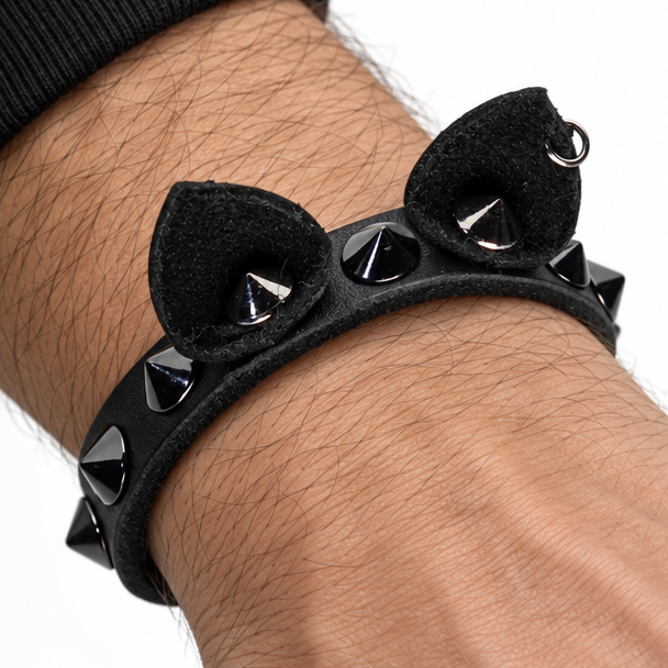 Handmade leather cat ear bracelet with steel cone studs, photo 2